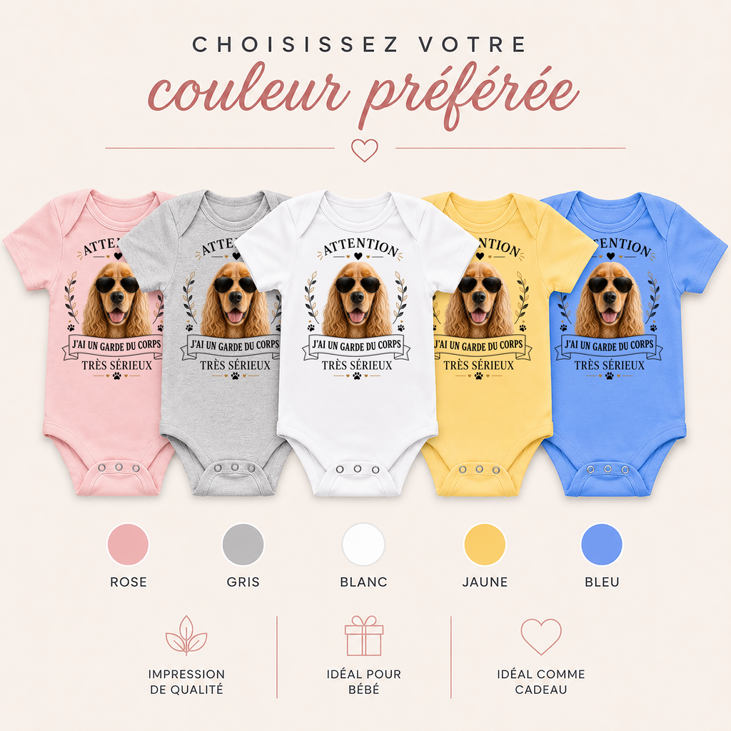 Body bébé personnalisé – Mon garde du corps à 4 pattes | Cadeau naissance avec photo de votre animal