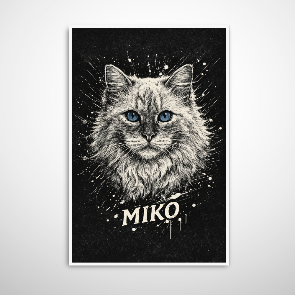 Poster Animal Personnalisé avec Prénom – Portrait Artistique Noir et Blanc Chien ou Chat