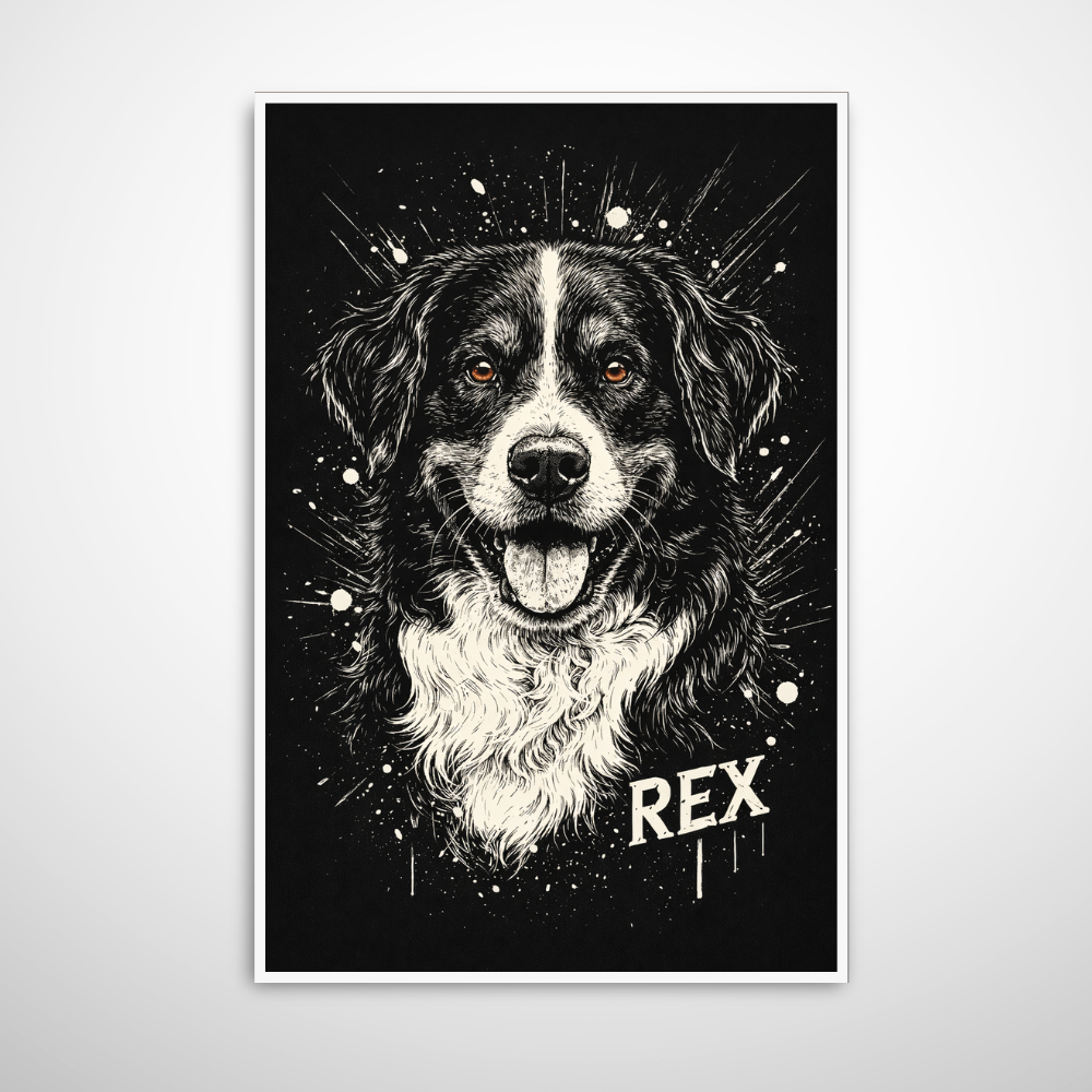 Poster Animal Personnalisé avec Prénom – Portrait Artistique Noir et Blanc Chien ou Chat