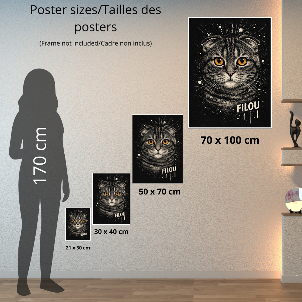 Poster Animal Personnalisé avec Prénom – Portrait Artistique Noir et Blanc Chien ou Chat