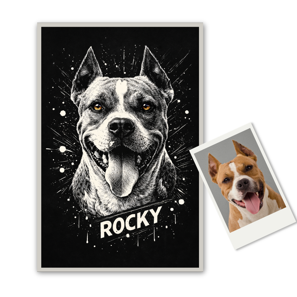 Poster Animal Personnalisé avec Prénom – Portrait Artistique Noir et Blanc Chien ou Chat