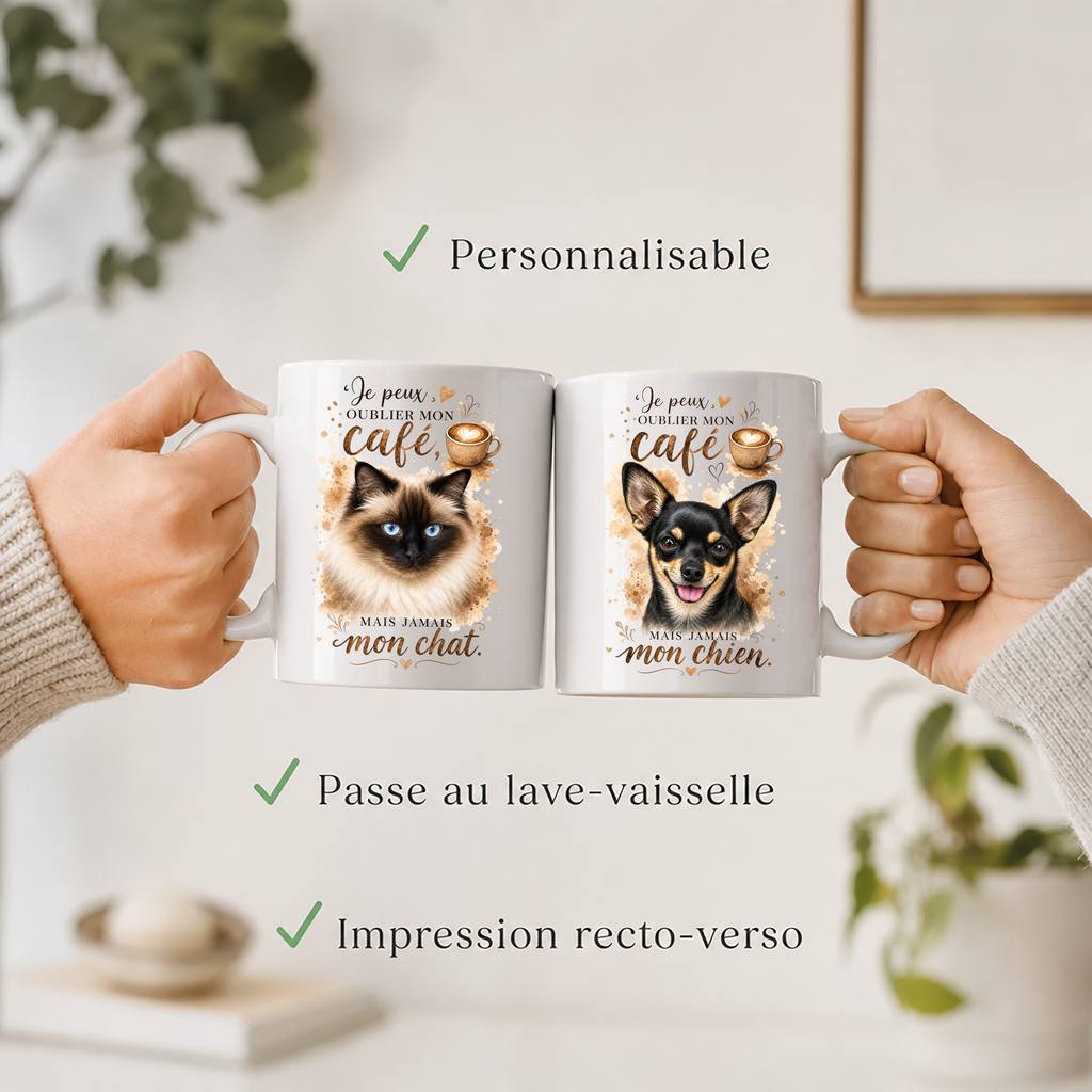 Mug Personnalisé Photo Chien ou Chat 11 oz – Cadeau Original pour Propriétaire d'Animaux – Mug Café Personnalisé