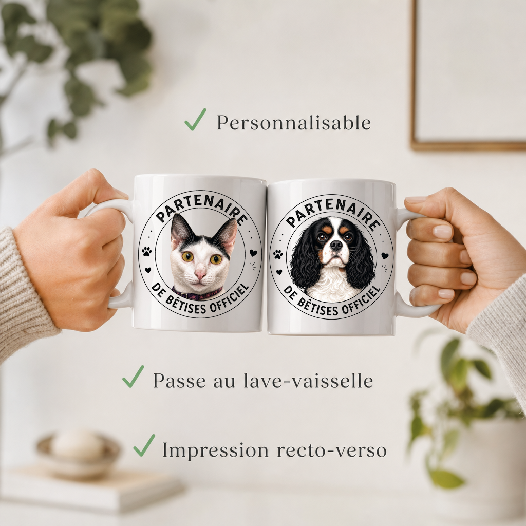 Mug personnalisé avec votre chien ou chat – Partenaire de bêtises officiel | Tasse céramique 11 oz
