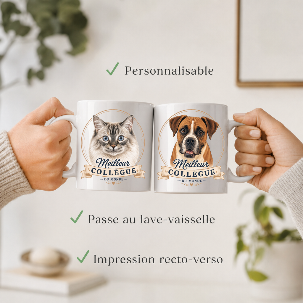 Mug personnalisé Chien ou Chat – "Meilleur collègue du monde" | Cadeau personnalisé pour amoureux des animaux – Tasse 325 ml (11 oz)