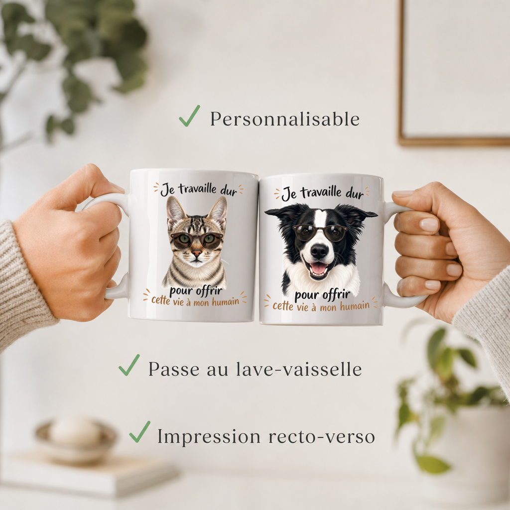 Mug personnalisé avec votre chien ou chat – « Je travaille dur pour offrir cette vie à mon humain » | Cadeau original pour amoureux des animaux