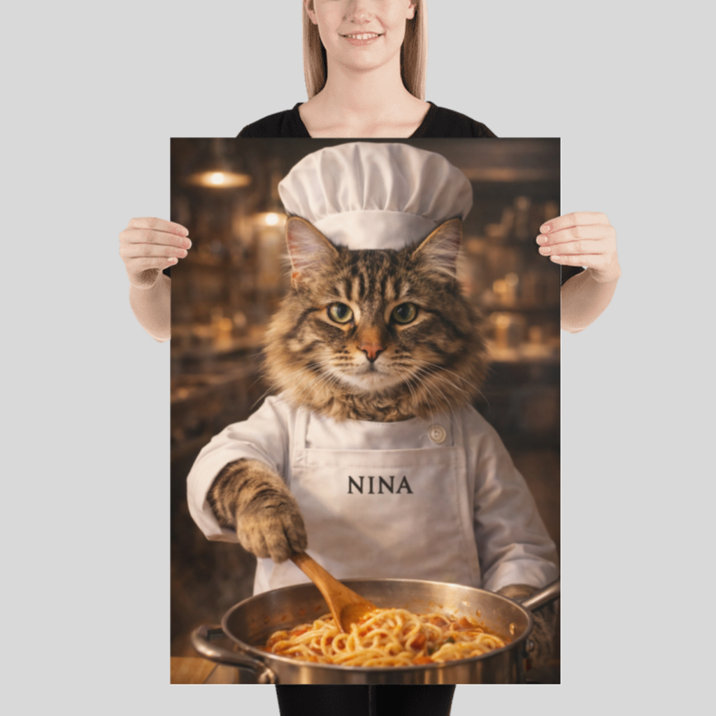 Portrait Animal Personnalisé Chef – Poster Chien ou Chat Cuisinier avec Prénom
