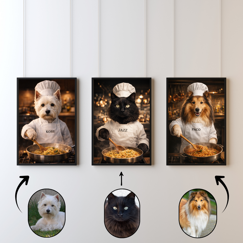 Portrait Animal Personnalisé Chef – Poster Chien ou Chat Cuisinier avec Prénom