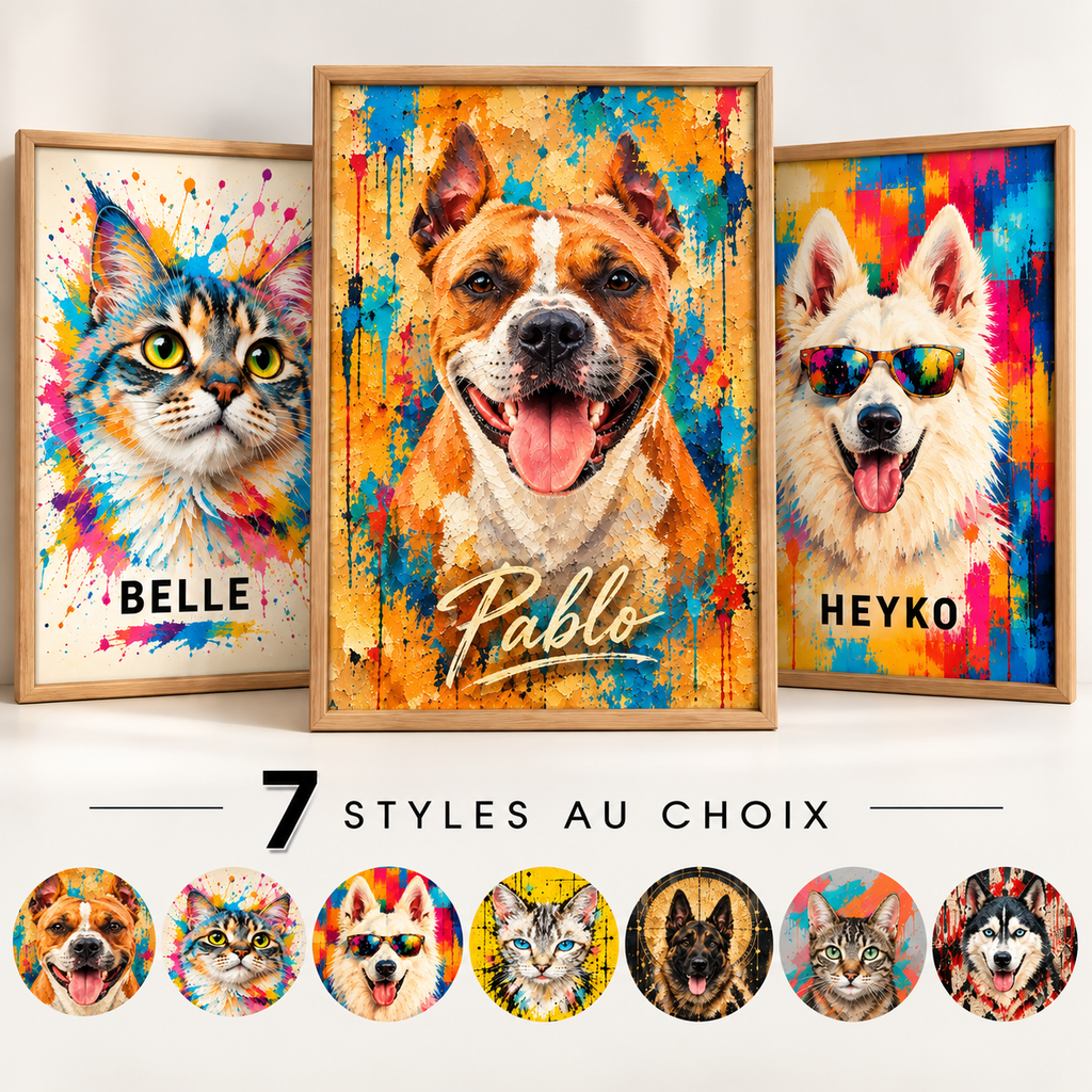 Portrait Animal Personnalisé d’après Photo – Poster Artistique Chien & Chat – 7 Styles au Choix