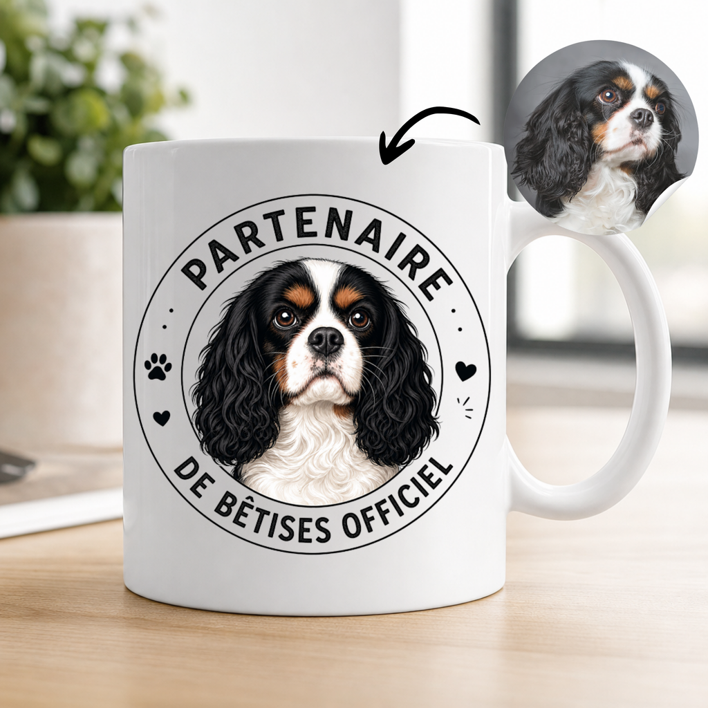 Mug personnalisé avec votre chien ou chat – Partenaire de bêtises officiel | Tasse céramique 11 oz