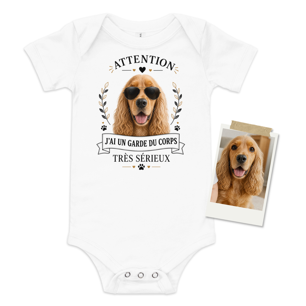 Body bébé personnalisé – Mon garde du corps à 4 pattes | Cadeau naissance avec photo de votre animal