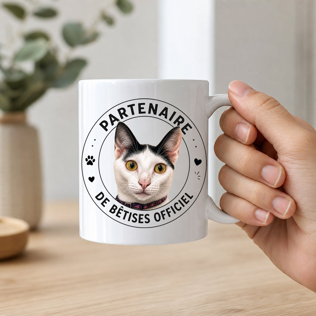 Mug personnalisé avec votre chien ou chat – Partenaire de bêtises officiel | Tasse céramique 11 oz