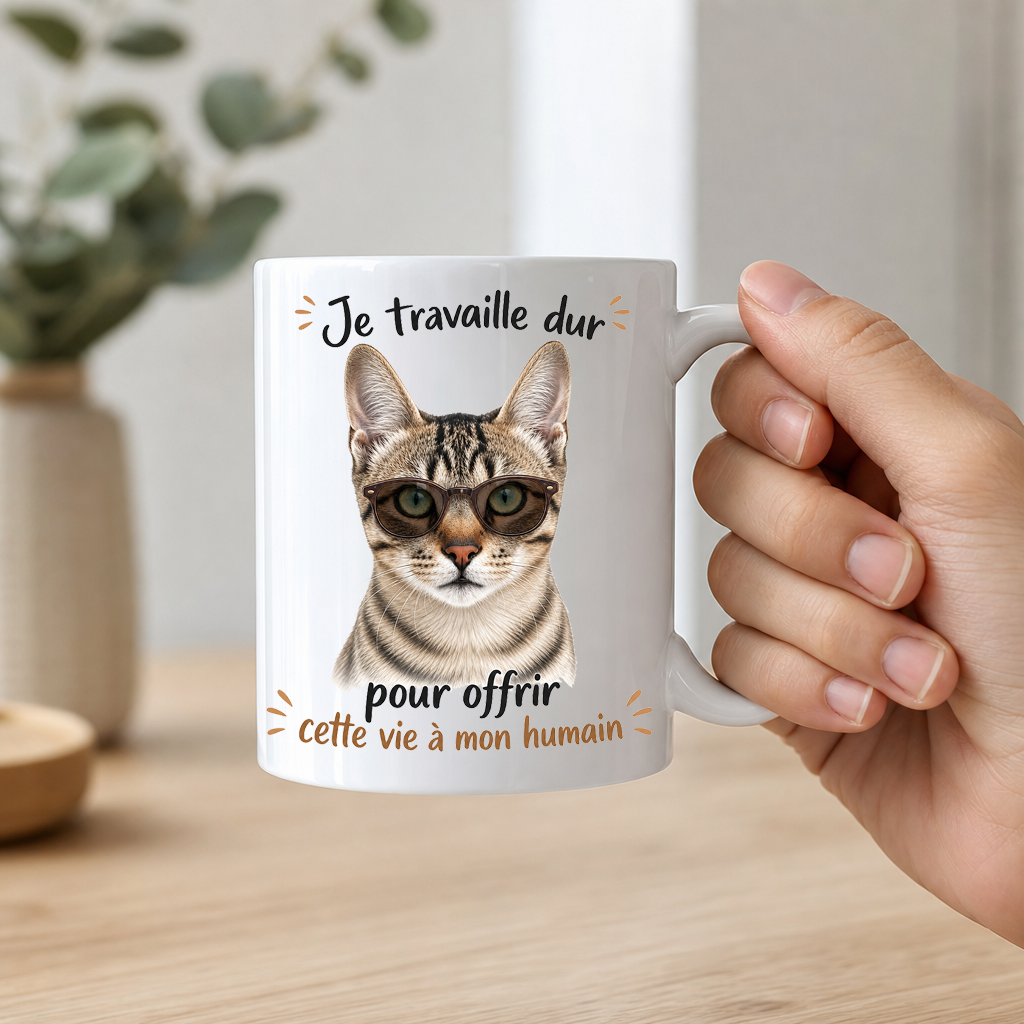 Mug personnalisé avec votre chien ou chat – « Je travaille dur pour offrir cette vie à mon humain » | Cadeau original pour amoureux des animaux