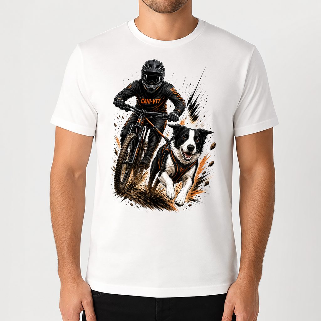 T-Shirt Cani VTT Personnalisé – Portrait Chien Sportif Personnalisé – T-Shirt Unisexe – Cadeau Original Passion Cani Cross & Bikejoring