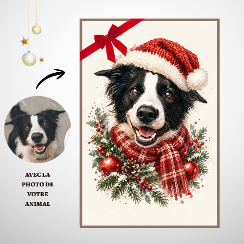 Portrait de Noël Personnalisé Chien ou Chat – Poster Aquarelle avec Bonnet de Noël 🎄