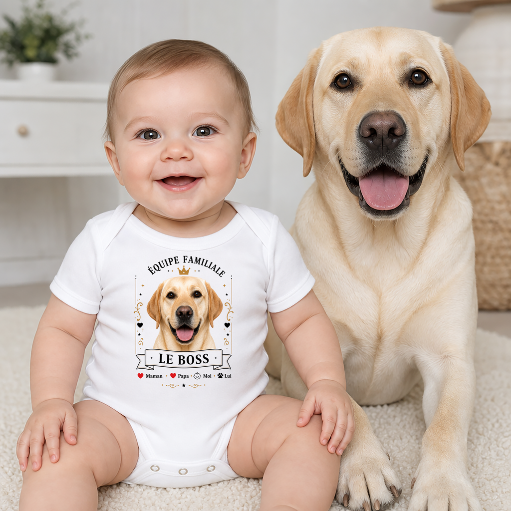 Body bébé personnalisé – Équipe familiale | Le Boss – Avec la photo de votre animal