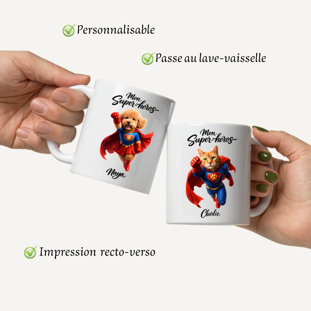 Mug Personnalisé Animal Super-Héros – Chien ou Chat avec Prénom Cadeau Original