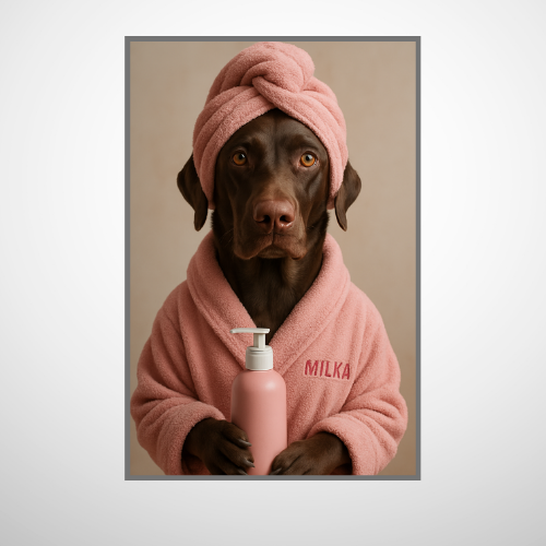 Portrait Animal Personnalisé Spa – Poster Chien ou Chat avec Peignoir et Prénom (Rose ou Bleu)