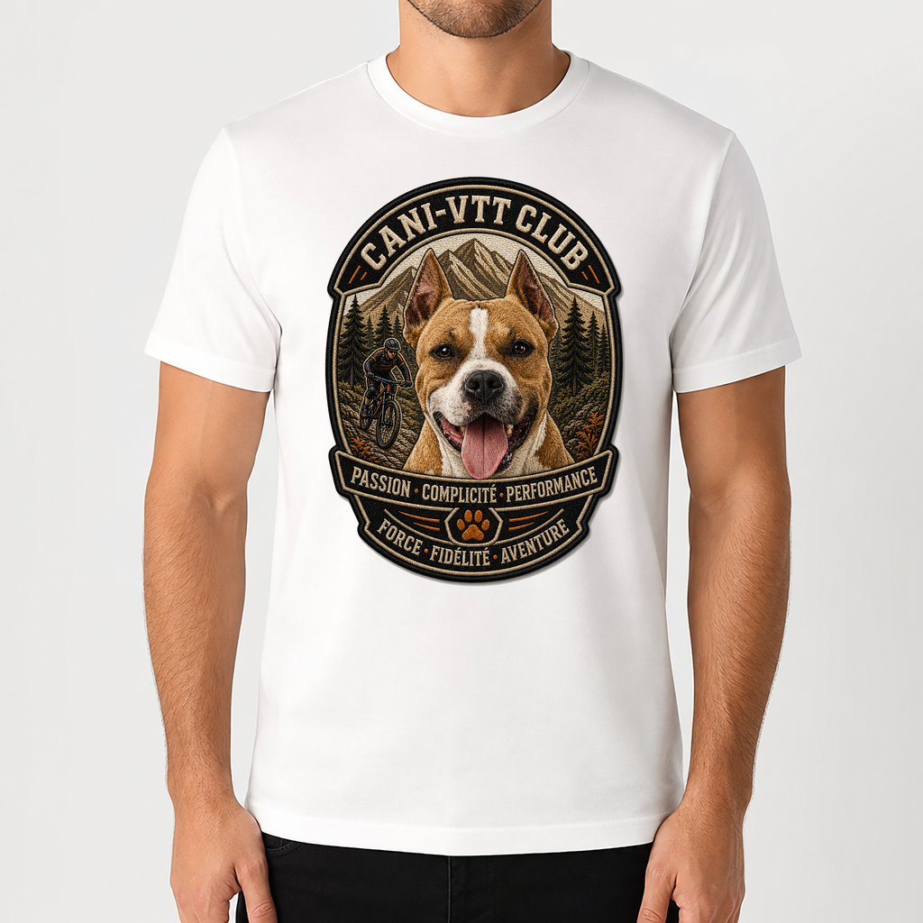 T-shirt Personnalisé Cani-VTT avec Votre Chien – T-shirt Unisexe – Design Écusson Premium