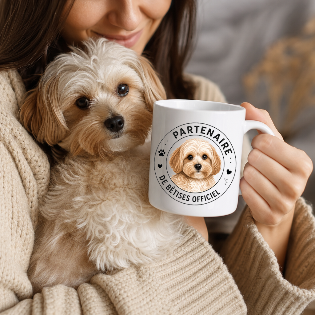 Mug personnalisé avec votre chien ou chat – Partenaire de bêtises officiel | Tasse céramique 11 oz