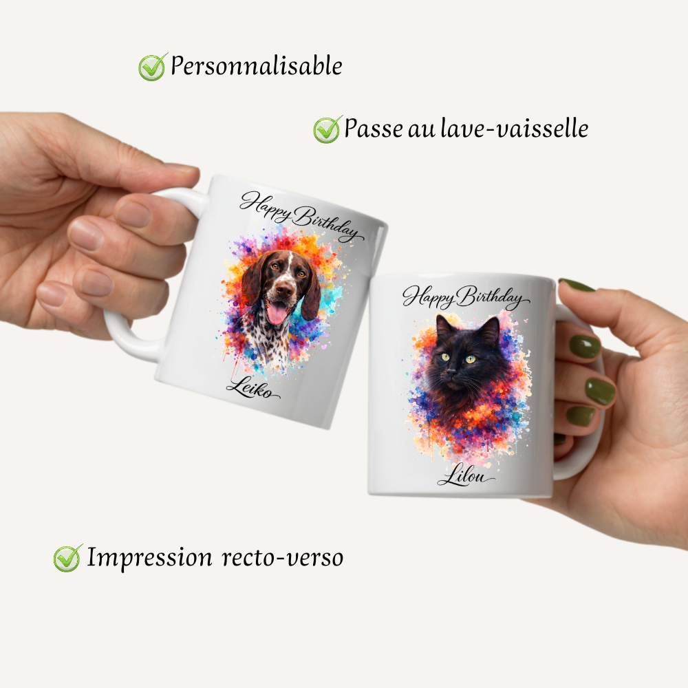 Mug Personnalisé Happy Birthday Animal – Cadeau Chien Chat avec Prénom