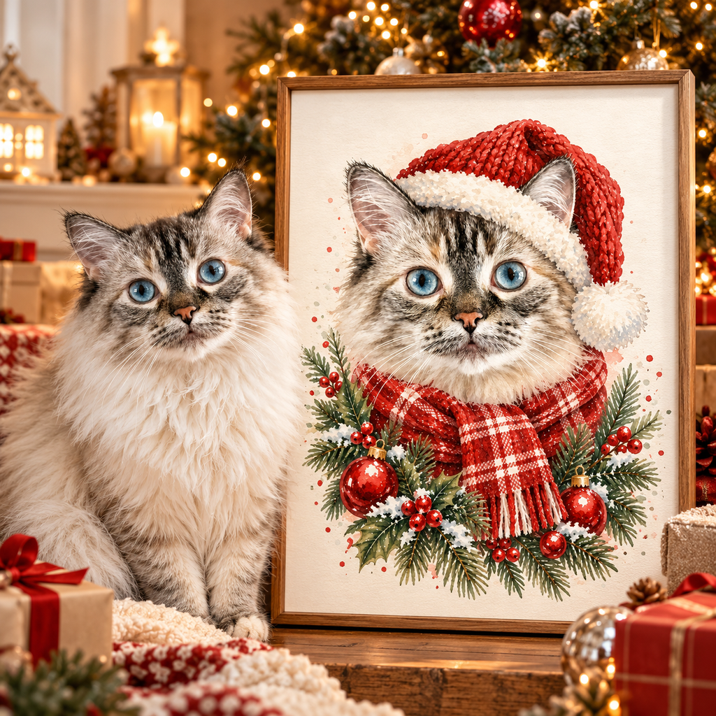 Portrait de Noël Personnalisé Chien ou Chat – Poster Aquarelle avec Bonnet de Noël 🎄