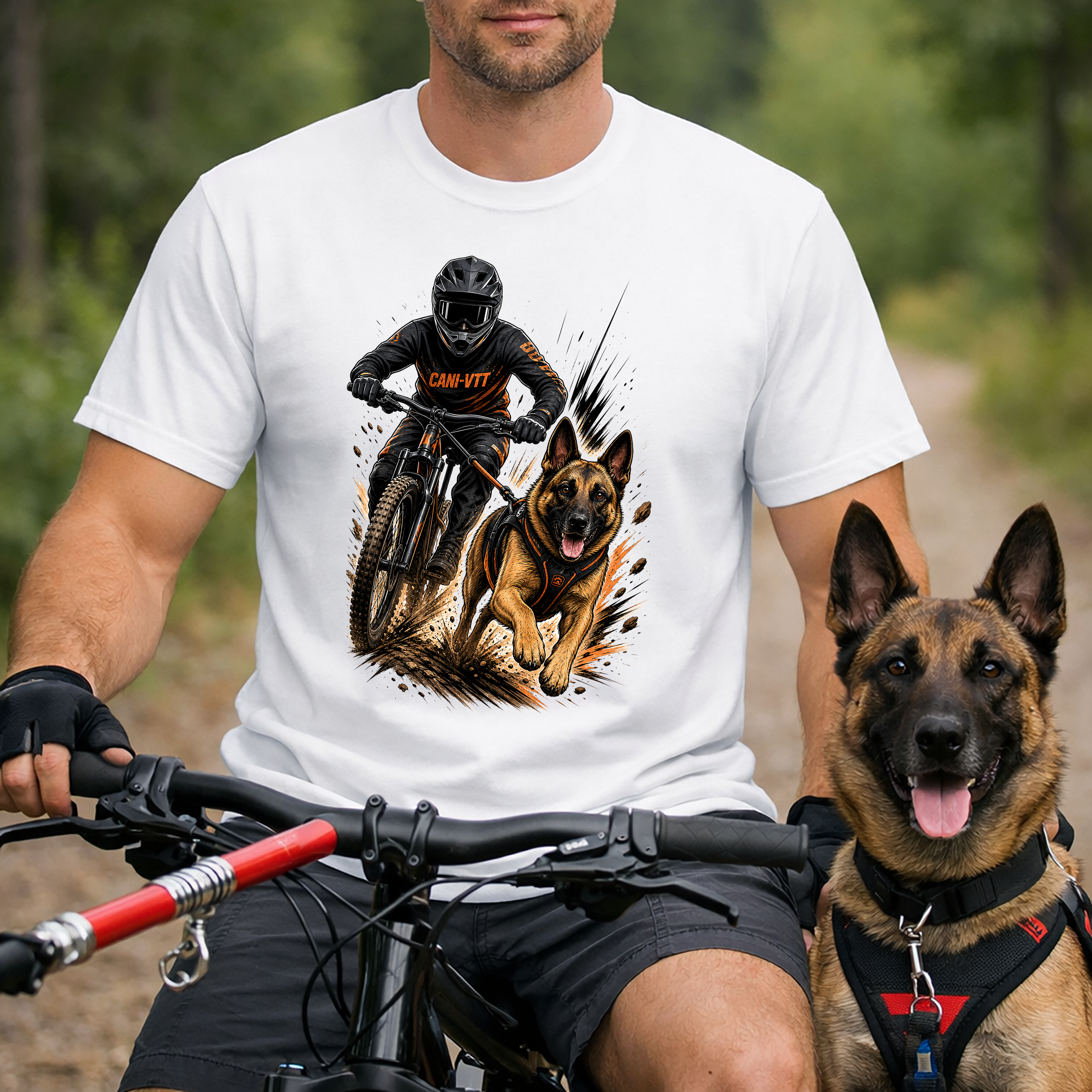 T-Shirt Cani VTT Personnalisé – Portrait Chien Sportif Personnalisé – T-Shirt Unisexe – Cadeau Original Passion Cani Cross & Bikejoring