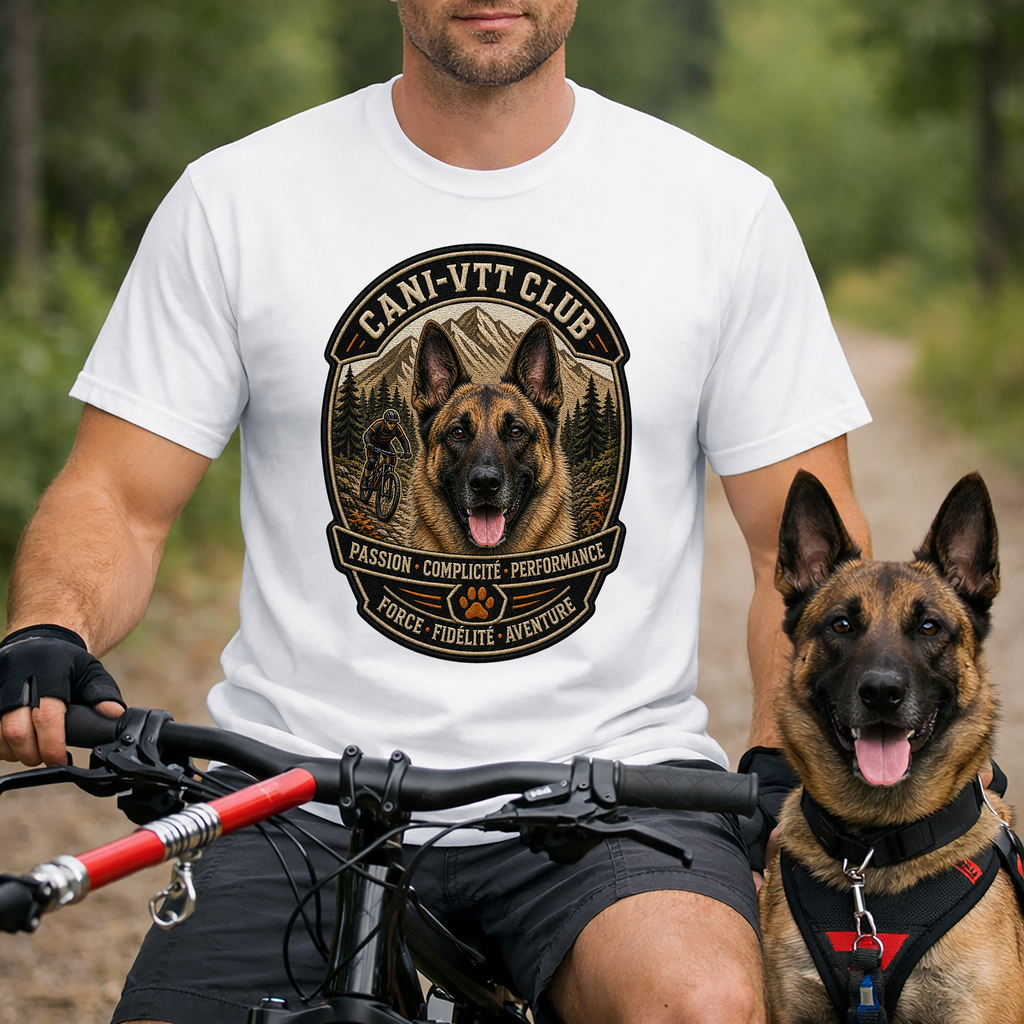 T-shirt Personnalisé Cani-VTT avec Votre Chien – T-shirt Unisexe – Design Écusson Premium