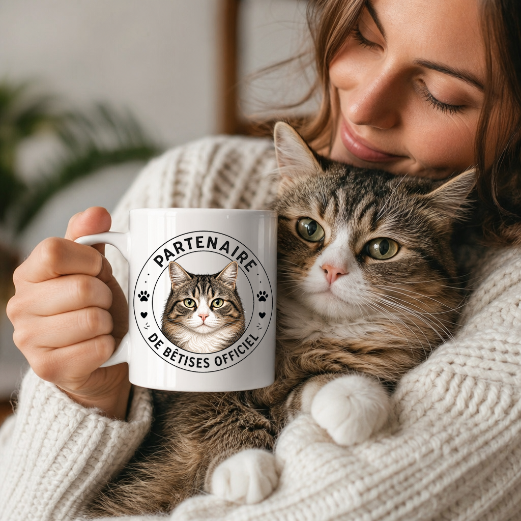 Mug personnalisé avec votre chien ou chat – Partenaire de bêtises officiel | Tasse céramique 11 oz