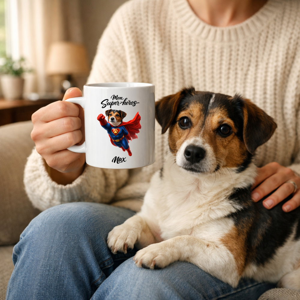 Mug Personnalisé Animal Super-Héros – Chien ou Chat avec Prénom Cadeau Original