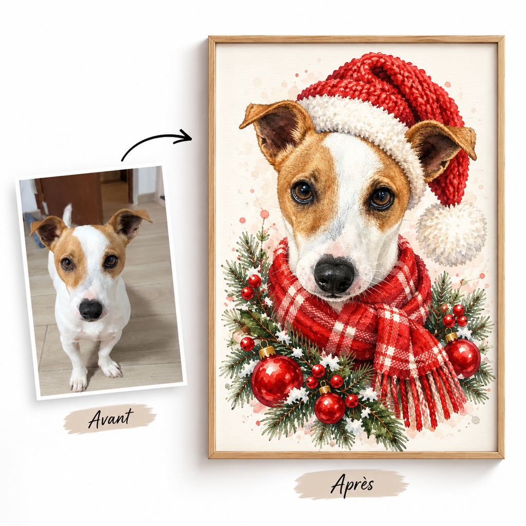 Portrait de Noël Personnalisé Chien ou Chat – Poster Aquarelle avec Bonnet de Noël 🎄