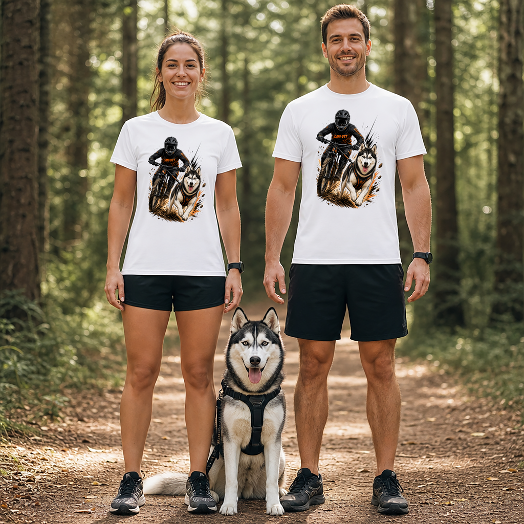 T-Shirt Cani VTT Personnalisé – Portrait Chien Sportif Personnalisé – T-Shirt Unisexe – Cadeau Original Passion Cani Cross & Bikejoring