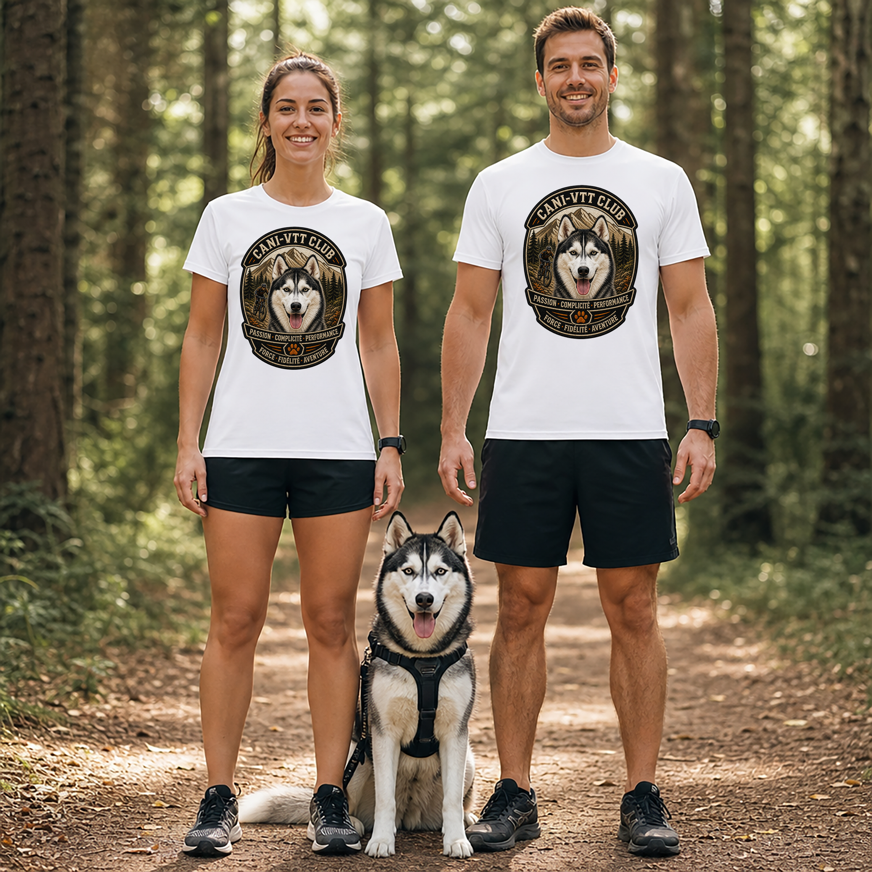 T-shirt Personnalisé Cani-VTT avec Votre Chien – T-shirt Unisexe – Design Écusson Premium