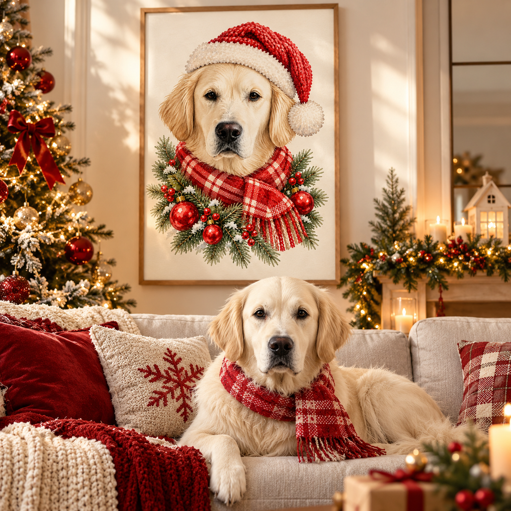 Portrait de Noël Personnalisé Chien ou Chat – Poster Aquarelle avec Bonnet de Noël 🎄