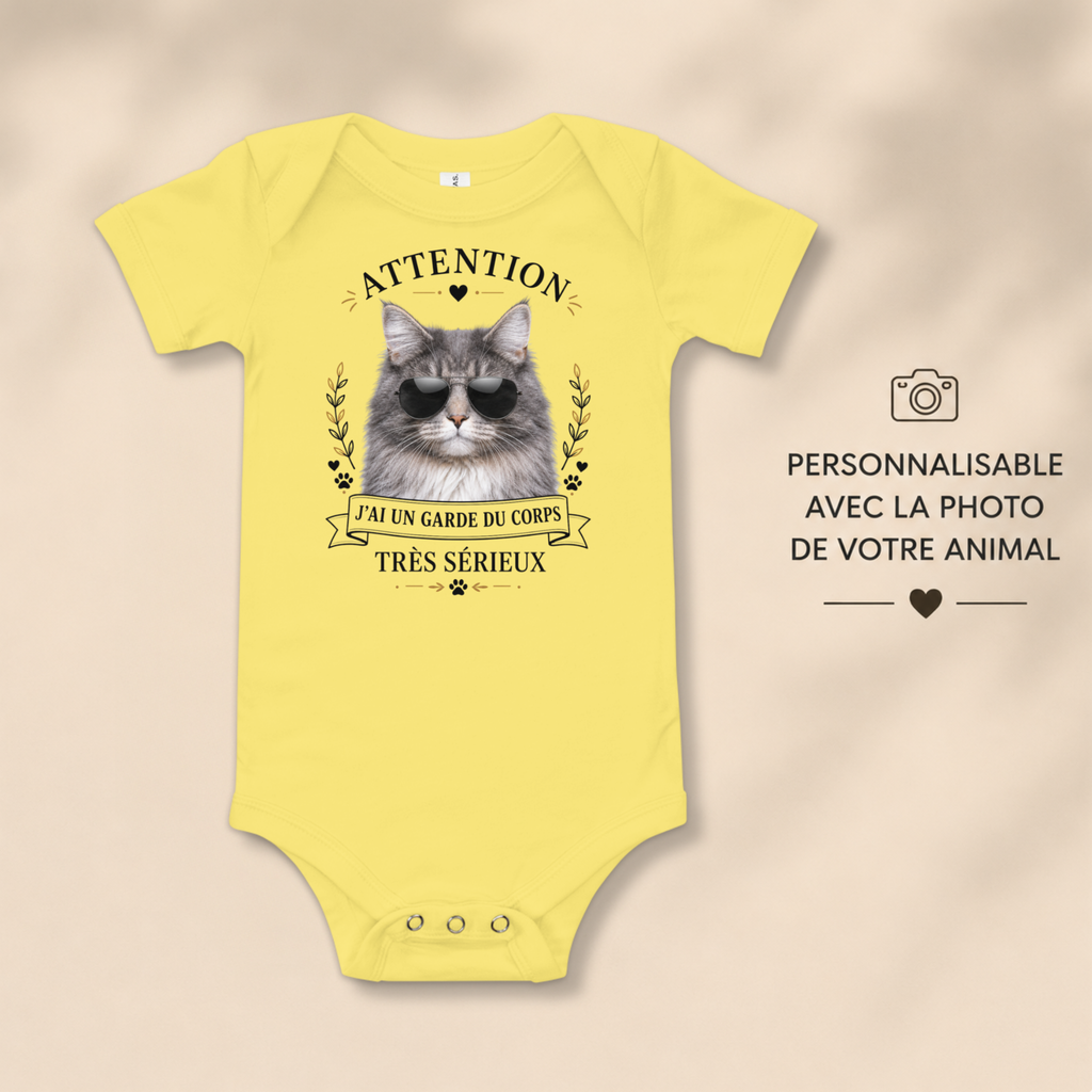 Body bébé personnalisé – Mon garde du corps à 4 pattes | Cadeau naissance avec photo de votre animal