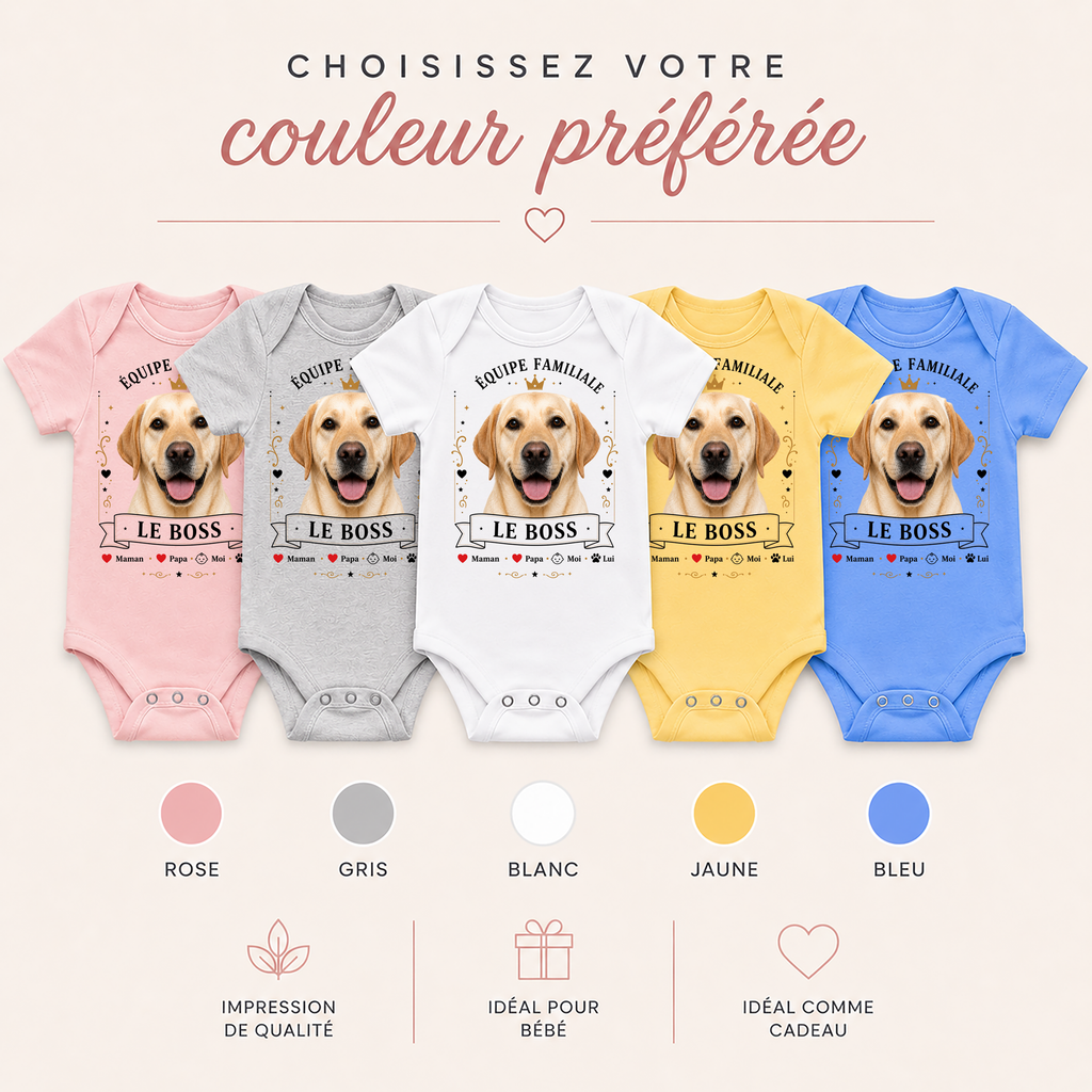 Body bébé personnalisé – Équipe familiale | Le Boss – Avec la photo de votre animal