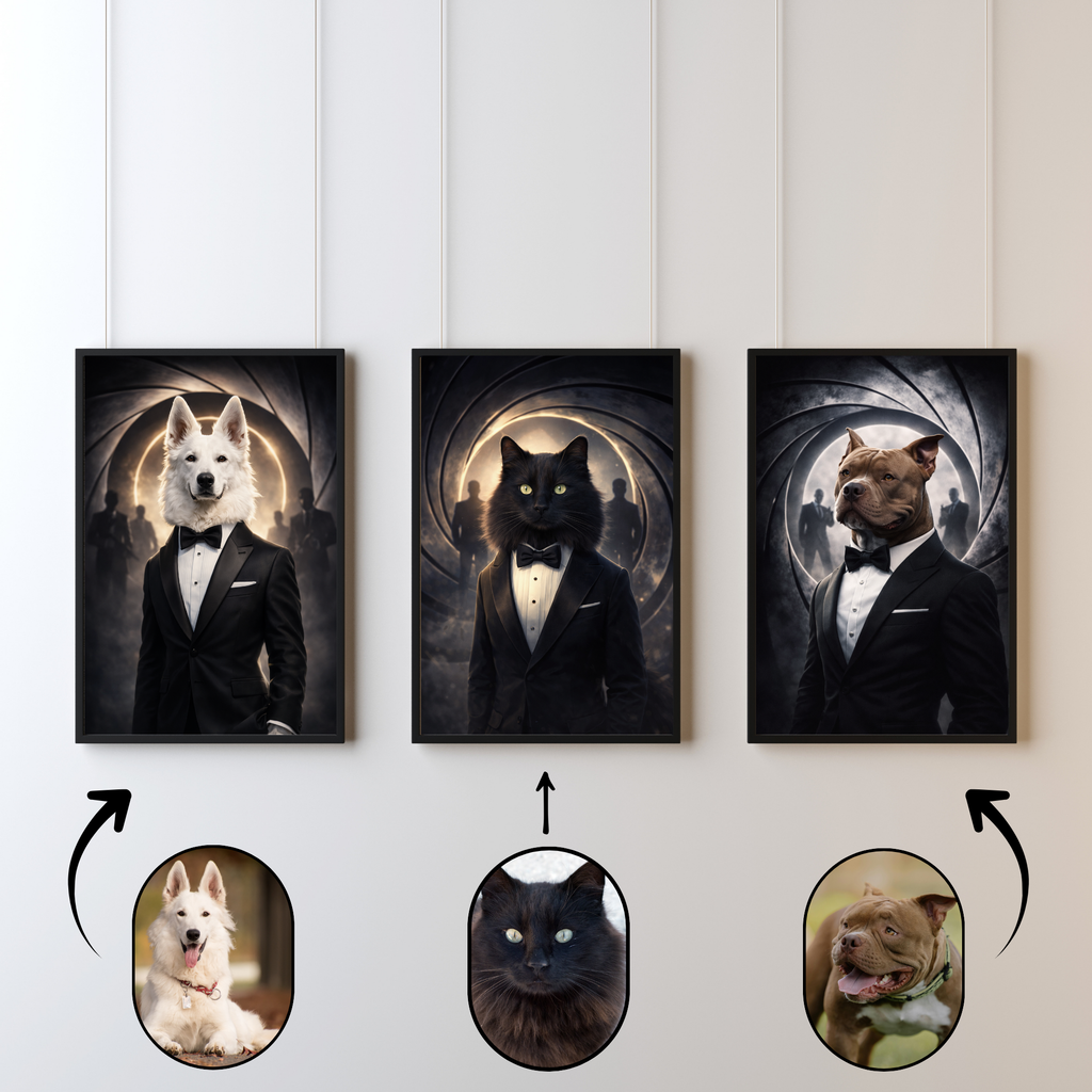 Portrait Animal Personnalisé Costume Élégant – Poster Premium Chien ou Chat Style Agent Secret