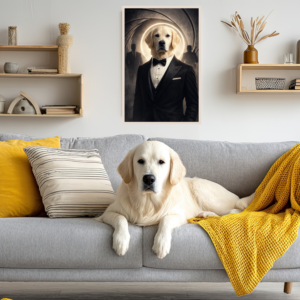 Portrait Animal Personnalisé Costume Élégant – Poster Premium Chien ou Chat Style Agent Secret