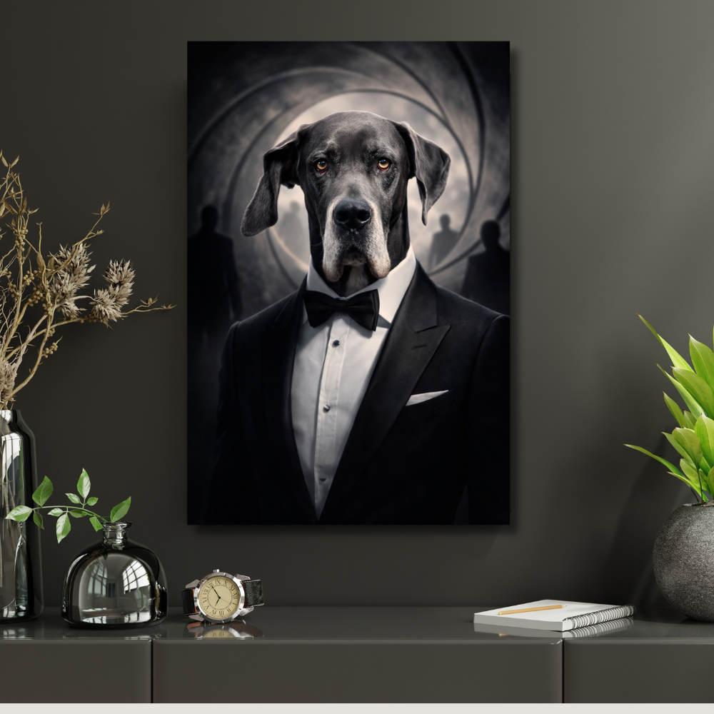 Portrait Animal Personnalisé Costume Élégant – Poster Premium Chien ou Chat Style Agent Secret