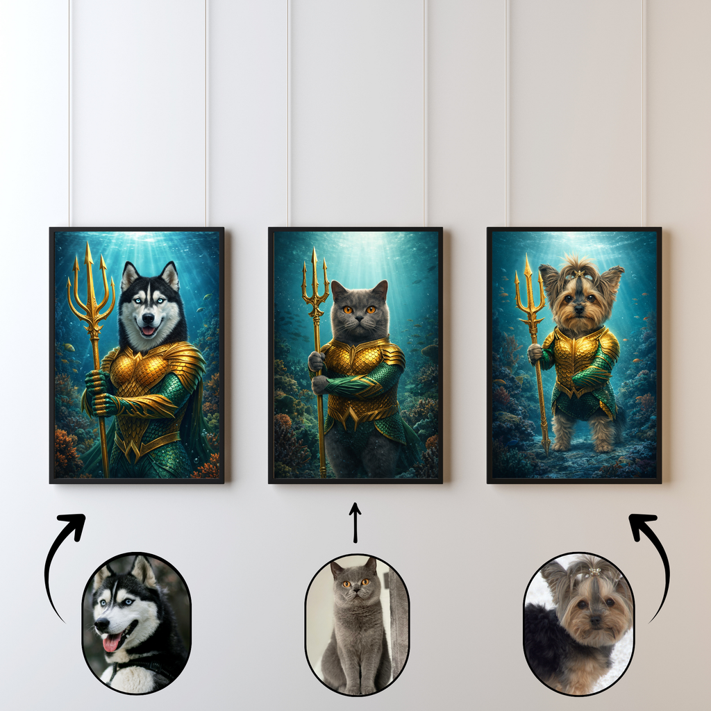 Poster Animal Personnalisé Héros Fantastique – Portrait Épique Chien ou Chat Style Roi des Océans