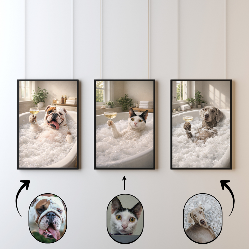Portrait Animal Personnalisé Fun – Poster Chien ou Chat Relax dans son Bain