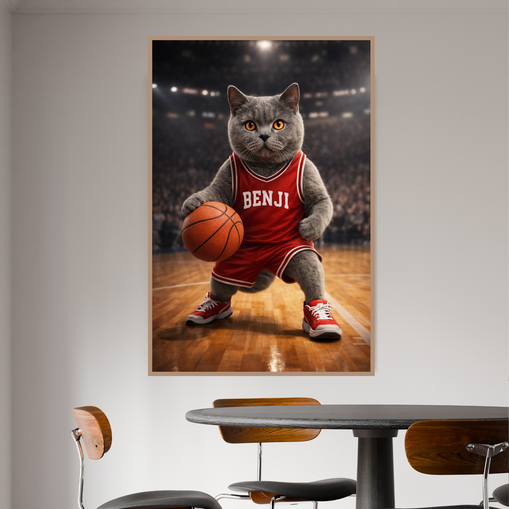 Portrait Animal Personnalisé Basketball – Poster Chien ou Chat Joueur avec Son Prénom
