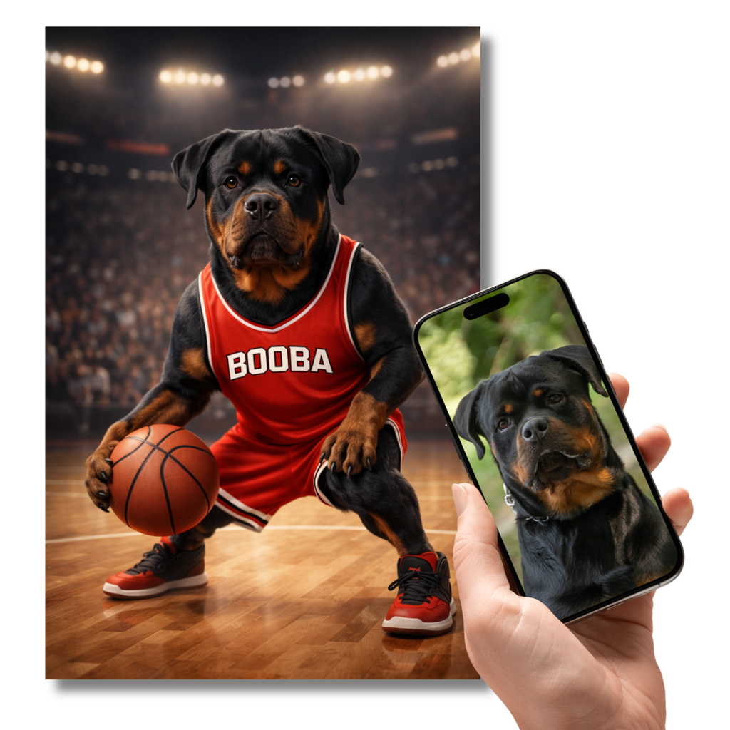 Portrait Animal Personnalisé Basketball – Poster Chien ou Chat Joueur avec Son Prénom