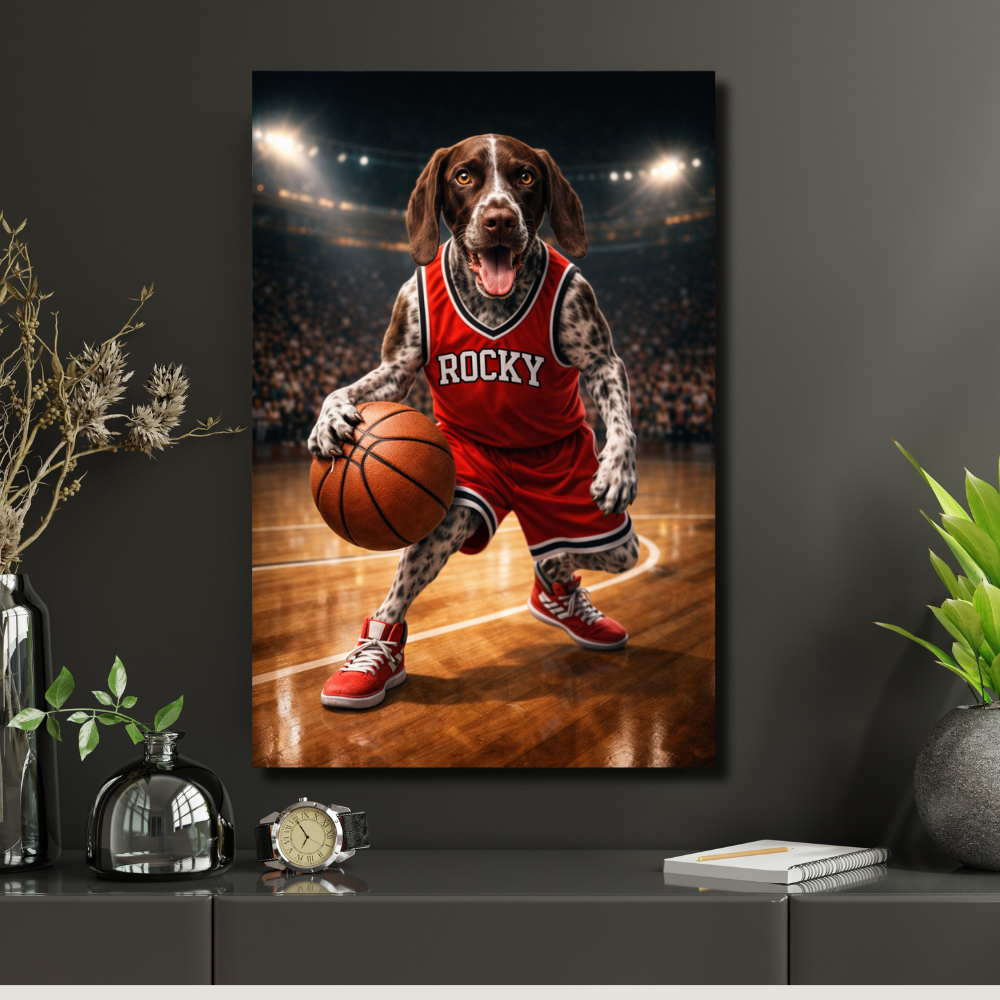 Portrait Animal Personnalisé Basketball – Poster Chien ou Chat Joueur avec Son Prénom