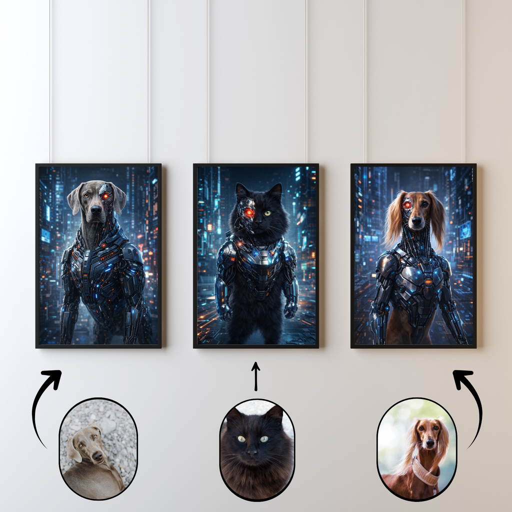 Portrait Animal Personnalisé Cyborg – Poster Chien ou Chat Futuriste Style Robot