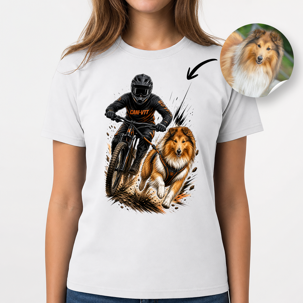 T-Shirt Cani VTT Personnalisé – Portrait Chien Sportif Personnalisé – T-Shirt Unisexe – Cadeau Original Passion Cani Cross & Bikejoring