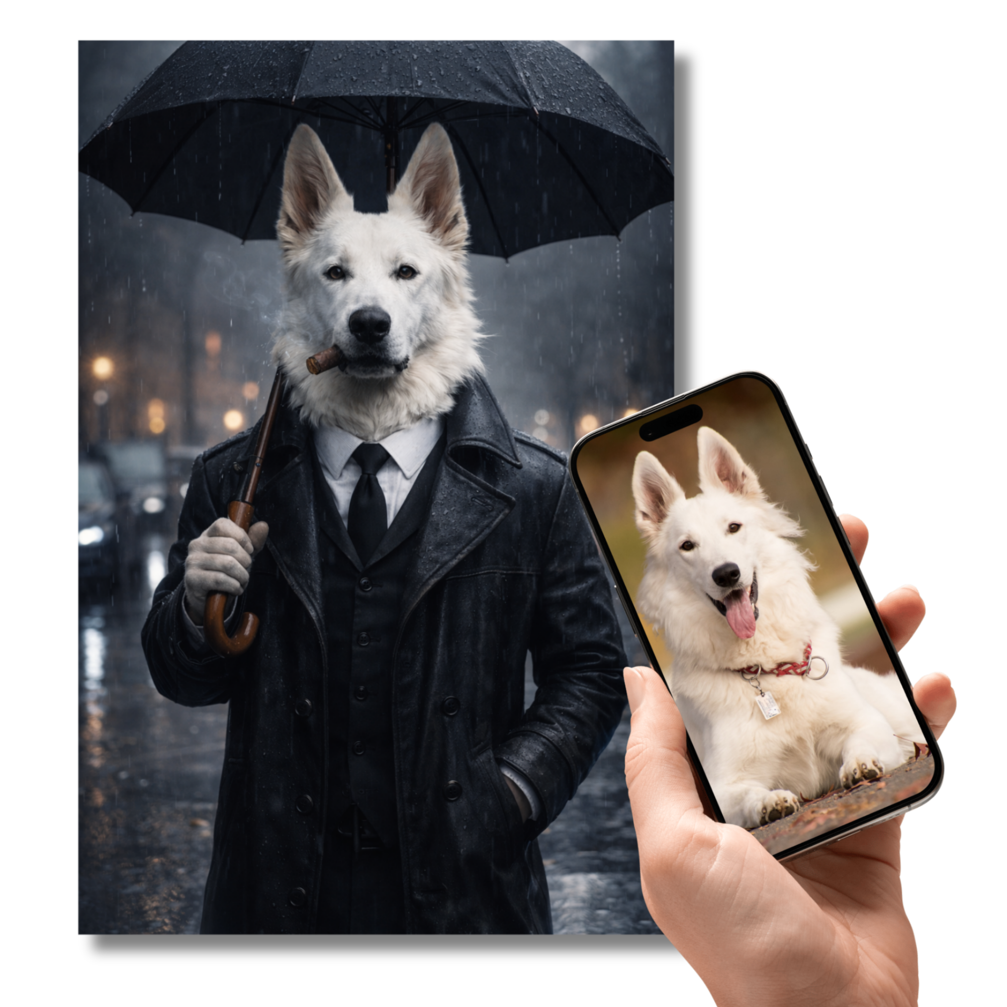 Portrait Animal Personnalisé Élégant – Poster Chien ou Chat Style Film Noir Sous la Pluie