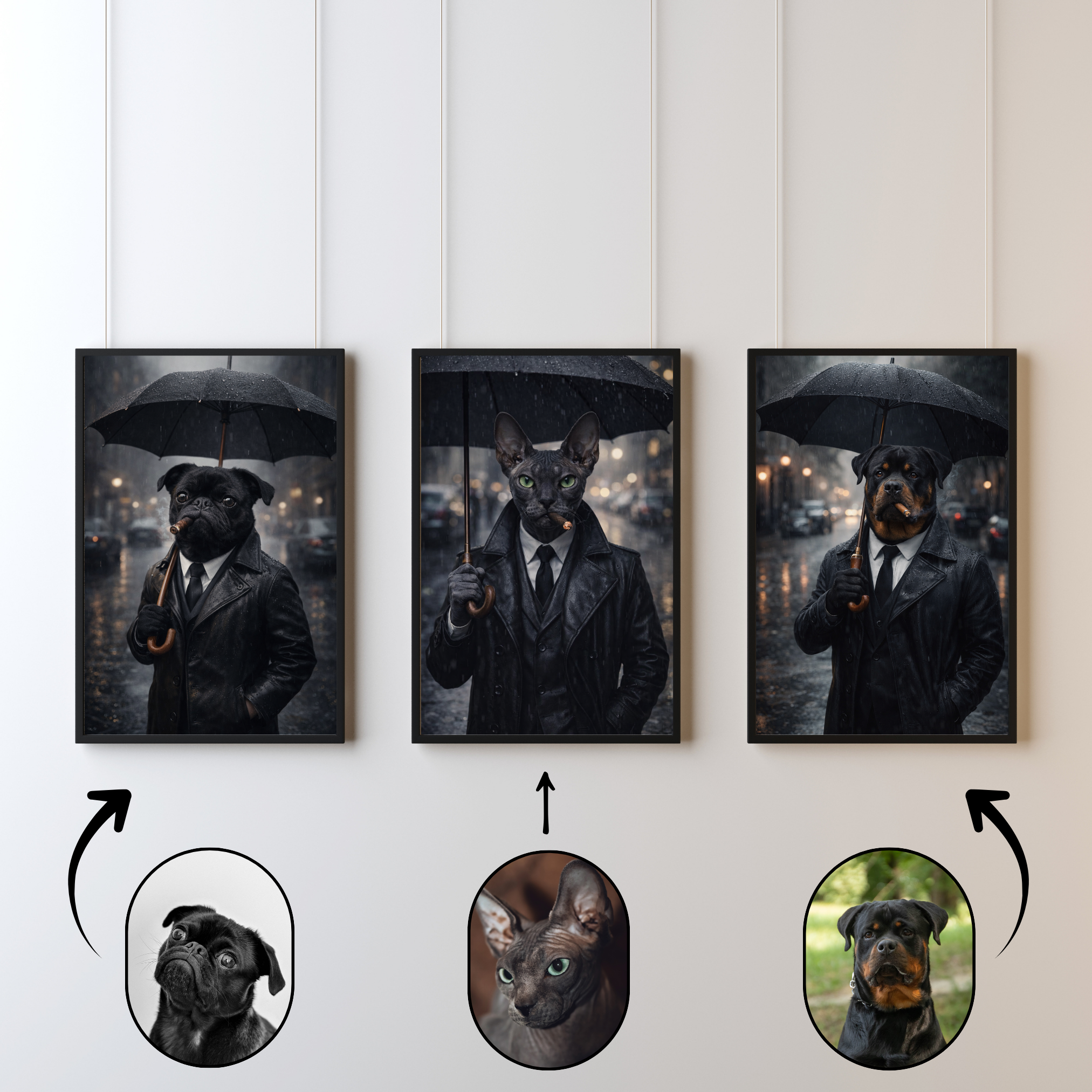 Portrait Animal Personnalisé Élégant – Poster Chien ou Chat Style Film Noir Sous la Pluie
