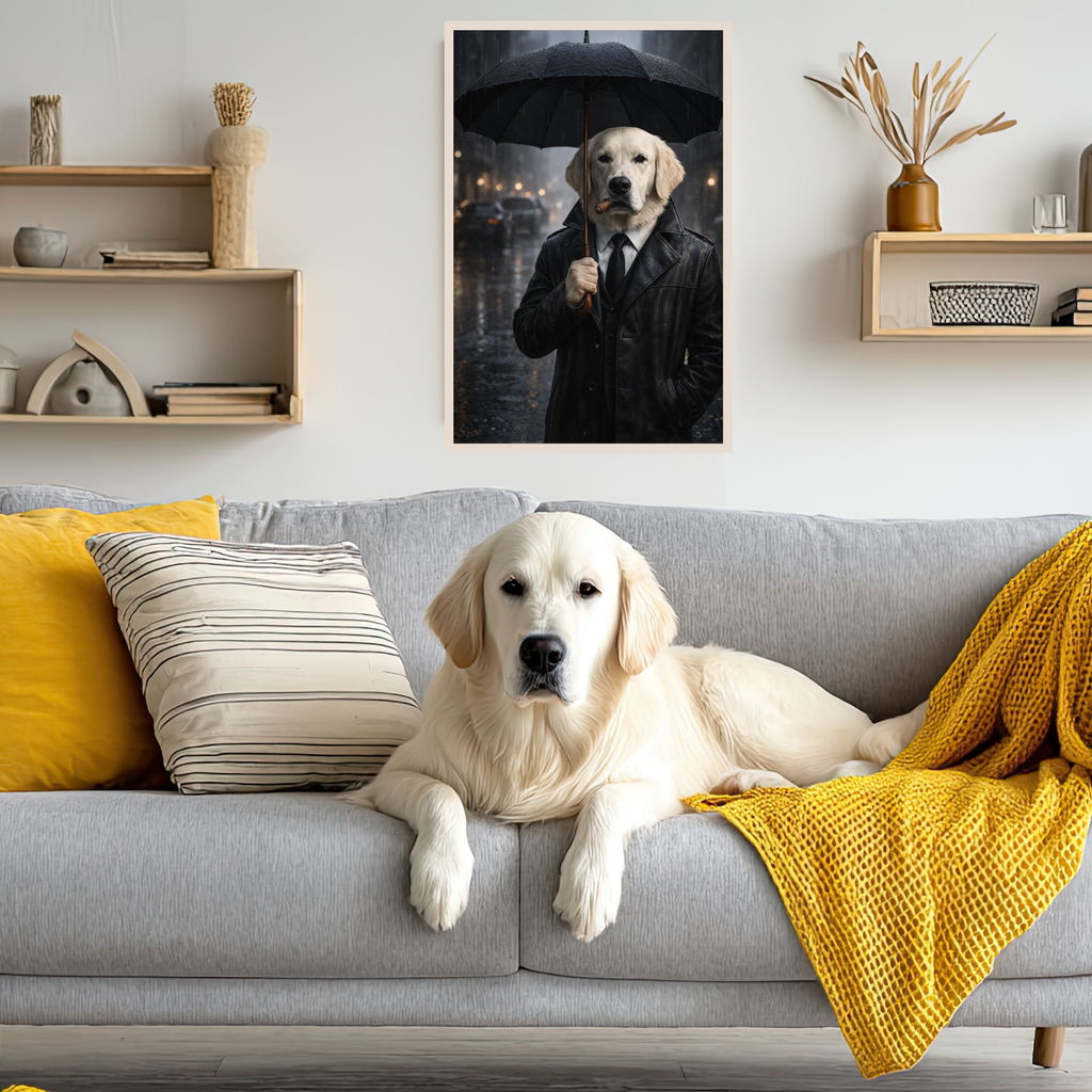 Portrait Animal Personnalisé Élégant – Poster Chien ou Chat Style Film Noir Sous la Pluie
