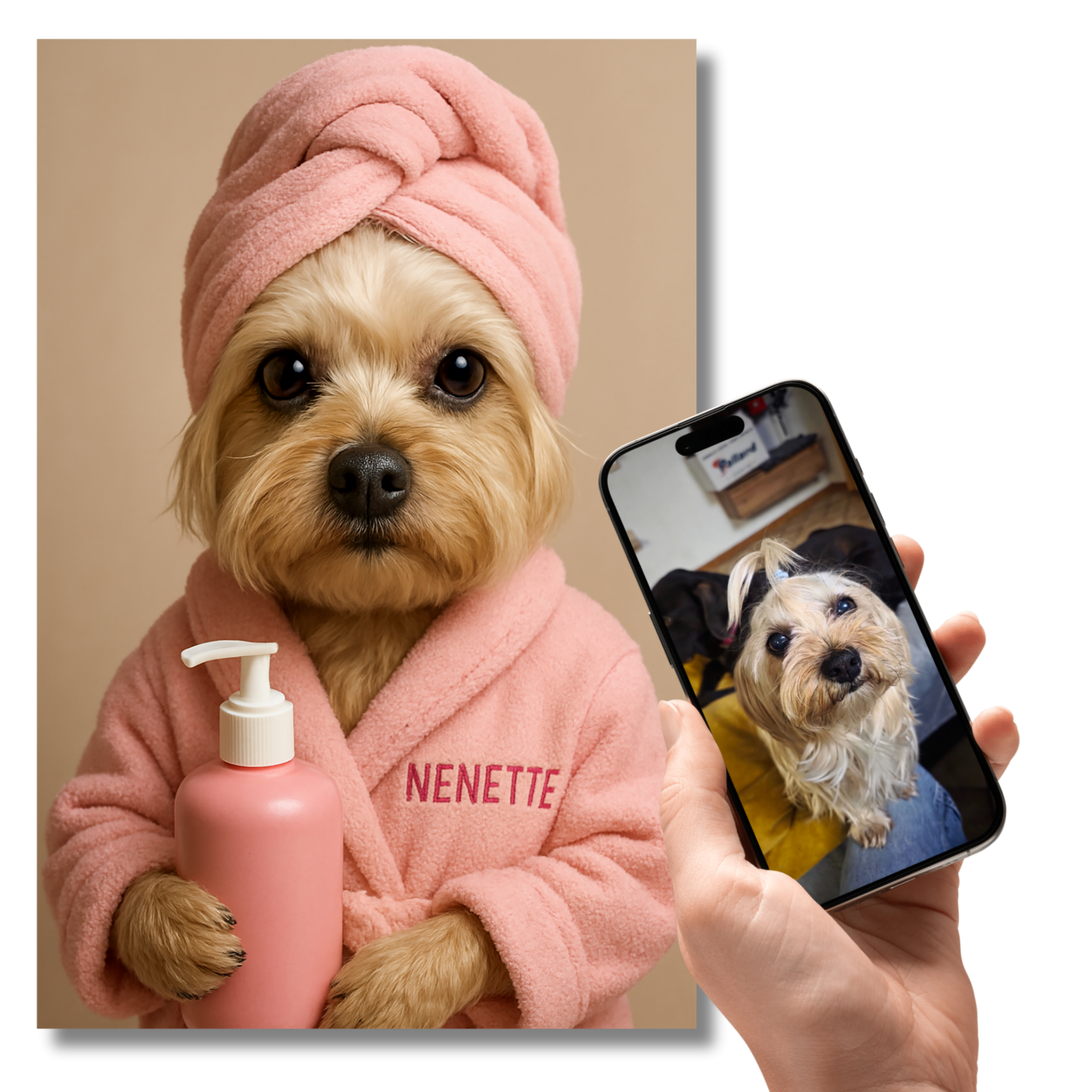 Portrait Animal Personnalisé Spa – Poster Chien ou Chat avec Peignoir et Prénom (Rose ou Bleu)