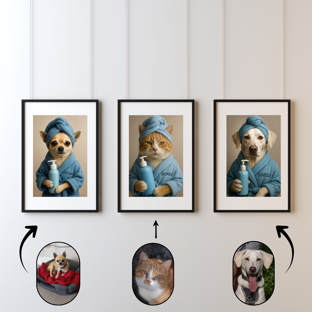 Portrait Animal Personnalisé Spa – Poster Chien ou Chat avec Peignoir et Prénom (Rose ou Bleu)